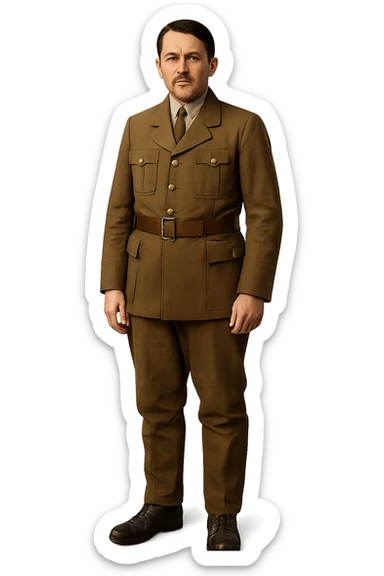 a man in a brown military uniform, square moustache, standing, no background sticker
