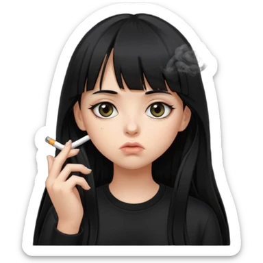 teen girl with long black hair and straight bangs, big eyes looking tired, not smiling, all black clothes, smoking cigarette sticker