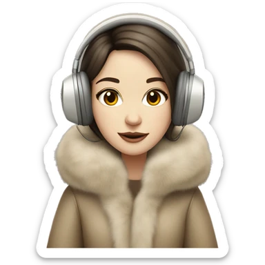 Posh pale brunette girl in beige fur coat and fur headphones  sticker