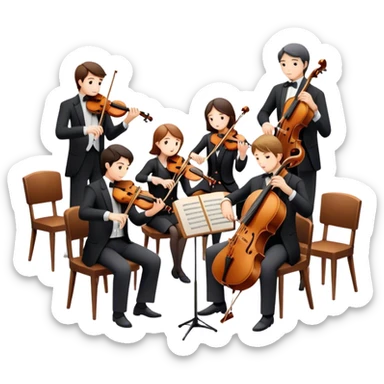 Icon for Classical Music: chamber orchestra with 4-5 musicians playing string instruments (violins, violas, cellos) and a conductor leading the ensemble. The intimate, refined atmosphere. Transparent background. sticker