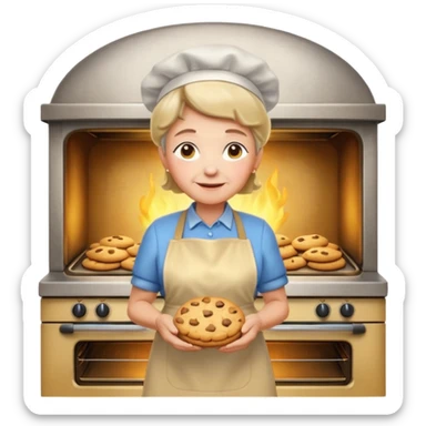 Portrait of a proud grandma wearing a golden apron, standing in front of a glowing oven, cookies baking inside, magical warmth, emoji-style sticker