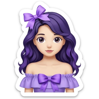 Girl with black wavy long hair and a ribbon hair clip beside it make it look like wearing a lavender off shoulder  sticker