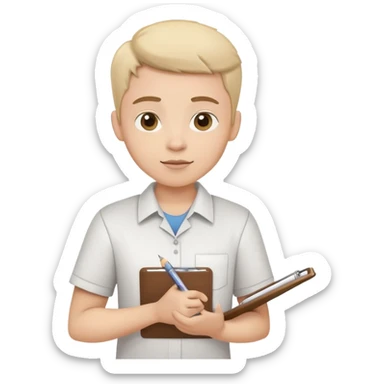 intern or volunteer holding a clipboard and pencil, ready to take notes or assist. The character wears a simple shirt and has an eager posture sticker