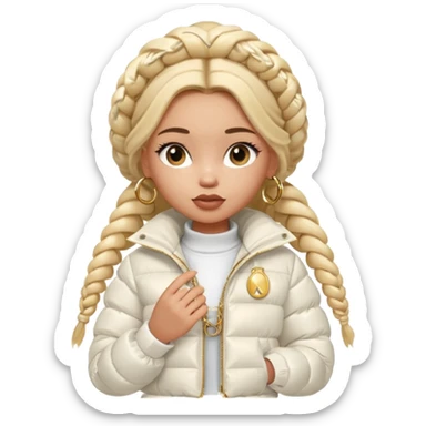 generate a pretty bratz girl with a WHITE puffer jacket, hoops, long braided hair sticker