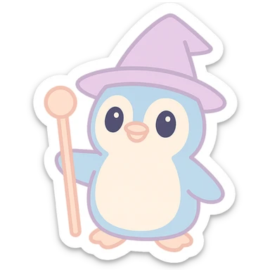 cute penguin wizard, magical staff, wearing a pointed hat, fantasy sticker