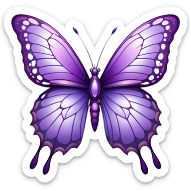 "A majestic butterfly in shades of purple, with intricately detailed wings featuring a mesmerizing pattern resembling delicate lace. The wings shimmer with an iridescent glow, reflecting hues of amethyst and lilac. The butterfly hovers gently above a field of blooming lavender, surrounded by tiny dewdrops glistening in the morning sunlight. A soft-focus background creates a dreamy atmosphere, emphasizing the elegance and ethereal quality of the butterfly."
 sticker