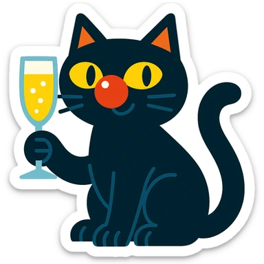 black cat with a clown nose and champagne glass, cartoonish and fun sticker