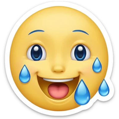 Emoji, yellow round laughing face, blue tears of joy on it. 2 big blue tears on each of the 2 cheeks sticker