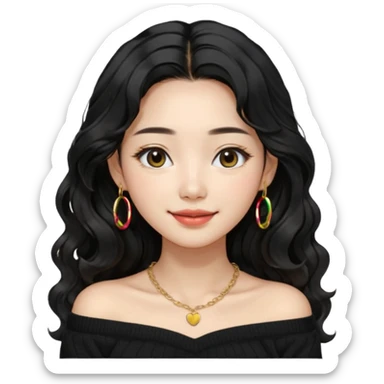 A South Korean girl with long, dark black wavy hair with middle part and layers. She is wearing a black off the shoulder long sleeve knit sweater, small gold hoop earrings and thin gold necklace. She is sweet and smiling with lips together sticker