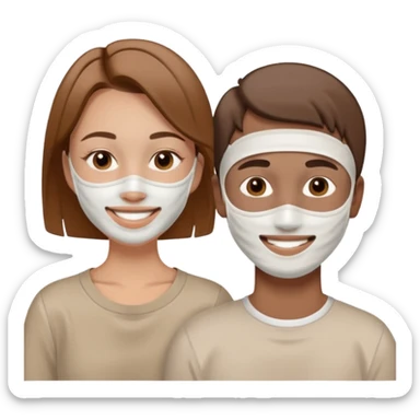 one woman with brown straight hair and a white clay self care face mask on smiling next to a man with light brown short hair with a white clay self care face mask on sticker