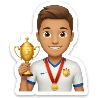 happy soccer player with a first-place medal and a trophy sticker