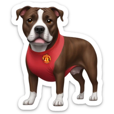 Brindle Staffie wearing Manchester United shirt sticker