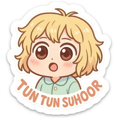 chibi emoji of Tun Tun Suhoor, cute round face, blonde messy bob, big expressive eyes, small mouth, pastel outfit, blush, funny and brainrot meme style, no text sticker