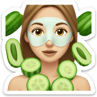 Girl with freackles Brown hair white skin Tone and blue eyes wears Green skin care mask while She relaxes and cucumber on her closed eyes sticker