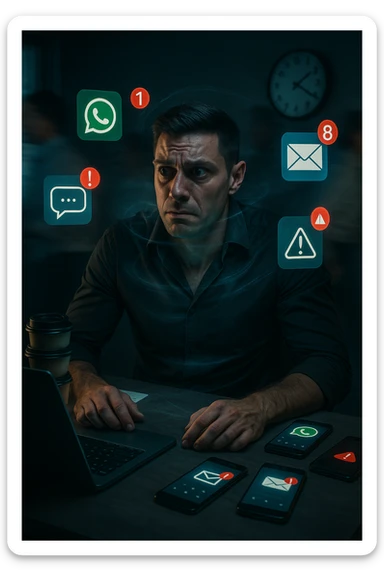 A highly realistic, cinematic portrait of a young man in his early 30s with a tired, tense expression, sitting at his modern office desk surrounded by multiple smartphones with glowing notification bubbles (WhatsApp, emails, alerts) hovering around him like aggressive neon icons. His posture is hunched, shoulders raised, eyes slightly wide, and jaw clenched, representing constant hyper-vigilance and stress. The environment is a cold, cluttered workspace with a laptop displaying endless emails and Slack notifications, coffee cups stacked nearby, and a clock showing late hours, symbolizing the relentless pace of modern work life. Behind him, ghostly blurred figures rush by in a fast-motion effect, representing the constant rush and societal pressure. A faint, tight grey aura wraps around his chest and head, symbolizing blocked breathing and mental tension, while faint blue light tries to push through, representing the body’s desire to find calm. The lighting is harsh and cool, with a 35mm hyperrealistic film style, shallow depth of field focusing on the man’s stressed face and the floating notifications, illustrating the modern trap of always being on alert. sticker