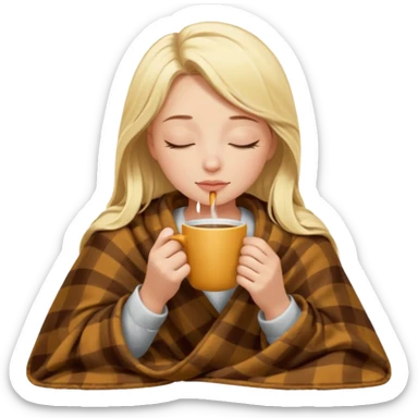Blonde girl inside a blanket sipping coffee eyes closed sticker