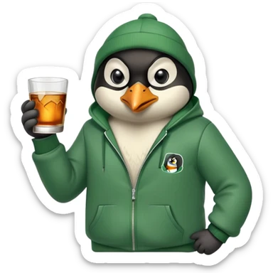 head and shoulders portrait of a friendly anthropomorphised penguin wearing a green mafia-style tracksuit, angry intense brooding expression, holding a glass of whiskey sticker