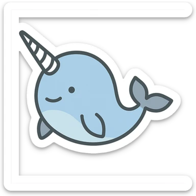 narwhal icon, color outline style, soft blue and gray, playful sticker