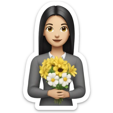 white girl, with black long straight hair wearing a pastel yellow jumpsuit with white shirt in it and carrying a flower arrangement in her hands sticker
