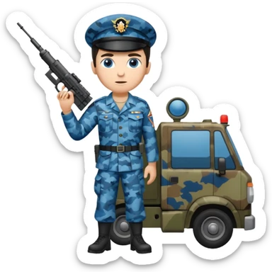 Full body of a dark haired blue eyed army man with radar truck weapon and wearing camo uniform  sticker