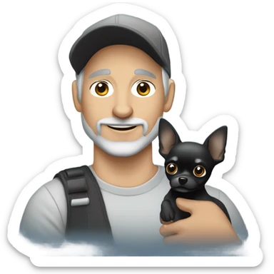 blue eyed man, with grey hair and grey goatee, wearing ball cap, holding long hair black chihuahua sticker