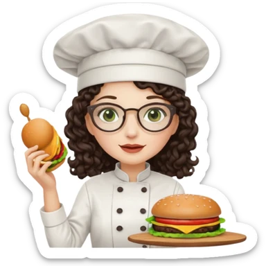 A female chef with glasses, dark brown long curly hair, White skin,Green eyes and cooking a burger sticker