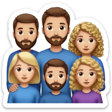 Gars cheveux bruns courts et barbe très courte, un gars avec cheveux bruns courts et barbe très courte, 1 fille cheveux bruns longs frisés, 1 fille cheveux longs blonds plats sticker