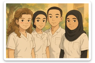 Four nursing students standing side by side in a warm atmosphere, Ghibli style. They wear white short-sleeved uniforms with medical tunic tops featuring V-neck collars and left chest pockets. No undershirts or stethoscopes. Faces and attitudes inspired by the four provided photos, version 2. sticker