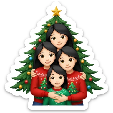 Generate Christmas-style emojis  family. Where light-skinned people stand near the tree all together, hugging and smiling. One girl should be light-skinned with black long hair. Add 4 people: Mother, Sister, Sister, Brother sticker