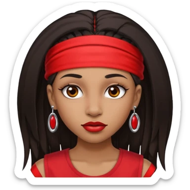 light-skinned black girl with very long eyelashes with long strait dark brown hair with edges wearing a red top with no sleeves. and a red accessory on her head with nose and mouth piercings. sticker