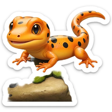 A 3D cartoon salamander on a mossy rock, orange and black spots, smooth shiny skin, small smiling face, soft realistic lighting, Memoji-style look. sticker
