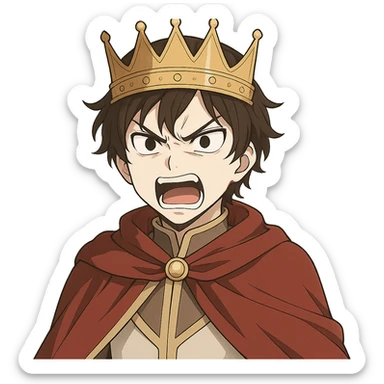 furious prince with crown, white complexion, black eyes, dark brown hair, anime style sticker