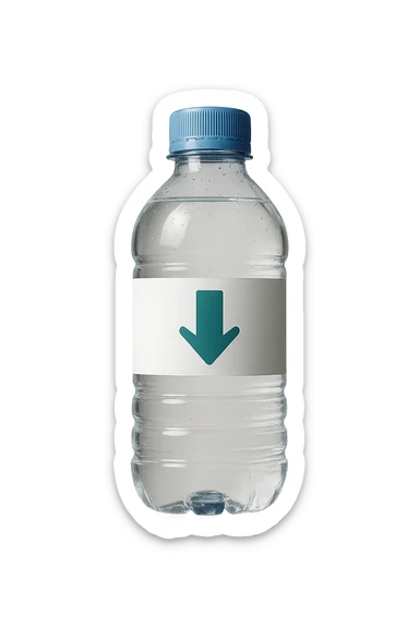 bottiglietta d'acqua con freccia giù fluttuano in aria iperrealistici sticker