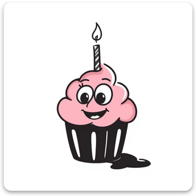 A cupcake with pink frosting, big eyes, two teeth, and a lit candle on top sticker