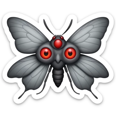 Create a scary emoji of the Mothman from point plesant west virginia with bright red eyes and as depicted in the legend. Make it less bird like and more Moth / Human hybrid sticker