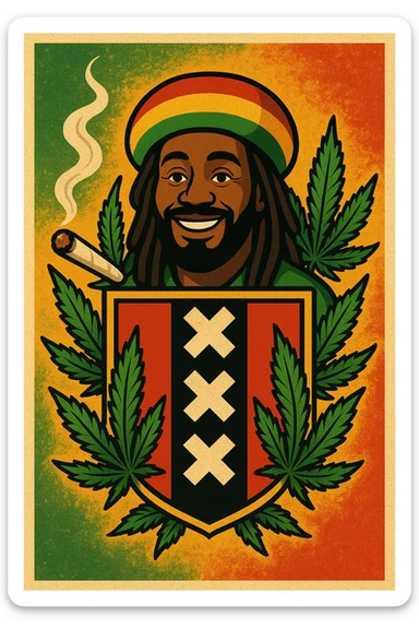 Create a digital illustration of a Rasta man with a friendly expression, wearing a red, gold, and green tam (Rastafarian hat), with dark brown skin and dreadlocks. Place him inside a bold, stylized Amsterdam coat of arms flag. The flag should have red, black, and gold tones with three white Xs in a vertical black stripe in the center. Surround the coat of arms with vibrant green cannabis leaves, a smoking spliff with rising smoke on the left side, and a textured reggae-colored background blending green, gold, and red. The style should be vintage, bold, and clean — like a high-quality reggae poster with modern emoji art flair. sticker