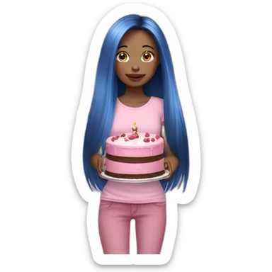 Thin fair girl with little long face and black long straight hairs in baby pink top and blue straight fit jeans holding a cake  sticker