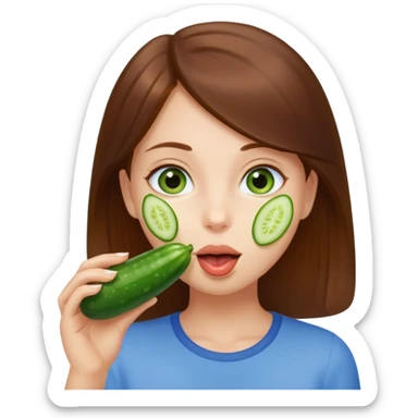 I want a brown hair blue eyes girl emoji, sucking a cucumber and holding two more in her hands. Make here licking a cucumber  sticker