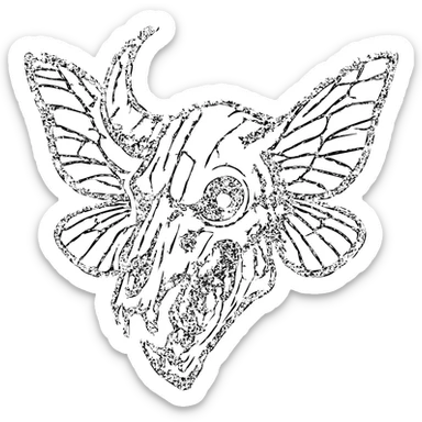 detailed but heavily distressed red line art of twisted minotaur-stoat skull hybrid with broken horn and glaring eye, intricate deteriorating moth wings, complex bone textures, asymmetrical features, extensive weathering with scratches and eroded sections, some transparent areas amid detailed horror elements, unnerving and ancient appearance, 100% red sticker