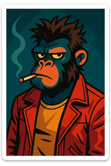 A gorilla dressed as Tyler Durden, with a cigarette, tousled hair, and a punk-inspired red leather jacket, in a moody, cinematic style. sticker