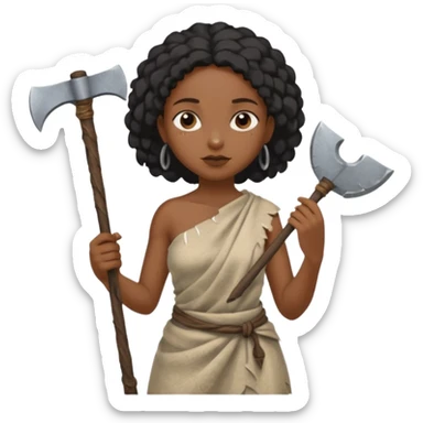 ancient black girl, tattered leaf cloth, hold broken stone ax sticker