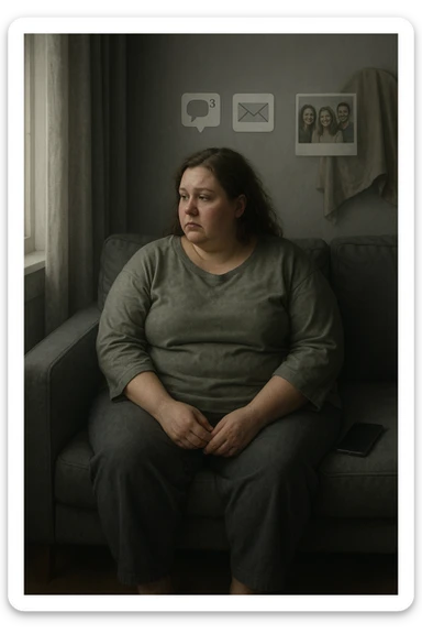 Donna tra i 30 e i 40 anni seduta sola su un divano, con espressione malinconica e corpo visibilmente appesantito. Indossa abiti larghi, avvolgenti, e guarda fuori dalla finestra mentre il telefono è spento o con notifiche ignorate accanto a lei. Sullo sfondo, si notano segnali di vita sociale assente: messaggi non letti, inviti ignorati, foto di gruppo a cui non partecipa. L’atmosfera è silenziosa, con luce grigia e ambiente spento. Intorno a lei, simboli di ritiro e insicurezza: tende chiuse, specchio coperto, postura chiusa. Stile realistico, tono delicato ed emotivo sticker