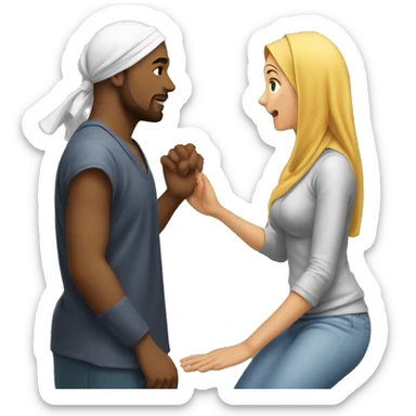 Man on knees facing woman wearing durag sticker