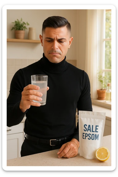 A realistic, bright photo-style image of a young man in his 30s standing in his kitchen, holding a clear glass filled with water in which Epsom salt (magnesium sulfate) has been dissolved. He looks focused but slightly uncertain as he prepares to drink it for a liver flush or digestive cleanse. The glass shows slight cloudiness from the dissolved salt. On the counter are a packet labeled 'Sale di Epsom' and a sliced lemon, suggesting he might use it to mask the taste. The setting is clean, natural, and bright with neutral tones. The background shows sunlight streaming through a window, emphasizing a clean, minimalist health-focused environment. The mood conveys a realistic, calm moment of self-care with a hint of discomfort, illustrating a natural detox practice in italiano sticker