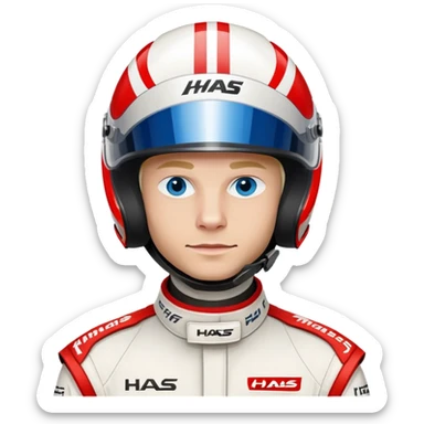 Kevin Magnussen, Formula 1 driver for Haas team, with blue eyes, wearing white and red Haas racing suit and helmet sticker