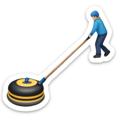 please, make An icon featuring the curling rink, with its distinctive circles and a vibrant crowd in the stands. Snowflakes fall outside the arena, and bright lights illuminate the ice. a close-up curling stone sliding across the ice, with a broom nearby. Transparent background. sticker