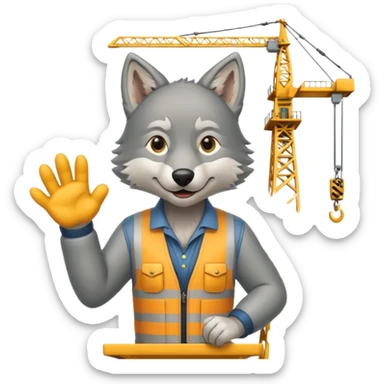  a joyful gray wolf sits on a tower crane and controls it with his paws sticker