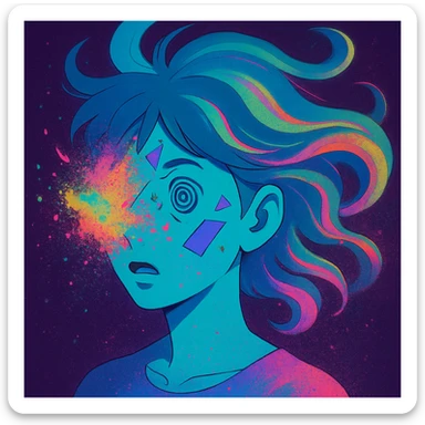 surreal portrait, neon skin, dissolving face with airbrush color explosion, hair as liquid color swirls like aurora, spiral eyes, geometric shapes breaking through face, paint spray effect, acid purple, turquoise, electric pink, smooth blending, dynamic movement sticker