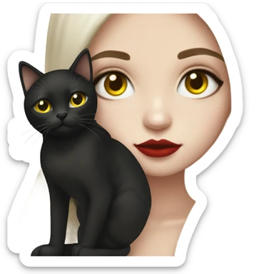 A teenage girl with white skin, she have some green hazel eyes, red lipstick, long straight dark brown hair, she have an eyeliner and she is holding a black cat that have some yellow eyes , view from close sticker