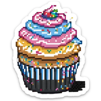 large cupcake with pink frosting and rainbow sprinkles in pixel art style sticker